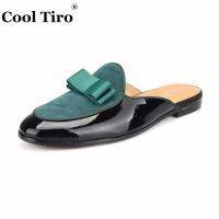 Bow Tie Men Mules Slippers Slip-on Flats Black Patent Leather Stitching Green Suede Handmade Casual Shoes Indoor Outdo Size 47