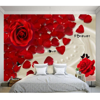 （HOT) วอลล์เปเปอร์โรงแรมธีมคู่รัก 3D ผ้าติดผนังพื้นหลังดอกกุหลาบสีแดงโรแมนติก