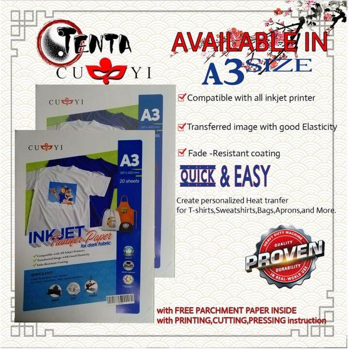 CUYI Inkjet Transfer Paper A3 For Dark Fabric 20 sheets Lazada PH