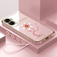 GGK เคสสำหรับ Honor 90 5G 90 Lite 5G ฟรีสายคล้องสุดสร้างสรรค์ลายกิ่งไม้แดงขอบสี่เหลี่ยมเคสโทรศัพท์ชุบเคสโทรศัพท์นิ่มสุดหรู