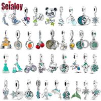 Seialoy 2Pcs/lot Blue Green Rhinestone Beads Silver Color Princess Panda Charm Animal Pendant DIY Bracelets Accessory