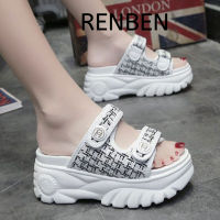 RENBEN มัฟฟินรองเท้าแตะหนา Soled ของผู้หญิงสวมใส่ด้านนอกใหม่สุทธิสีแดงเพิ่มความสะดวกสบายนางฟ้าลมหนึ่งคำรองเท้าแตะชายหาด