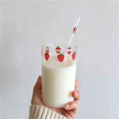 【CW】▲♨  300ml Strawberry Glass Cup Transparent Cups Student Resistant Cold Drinks