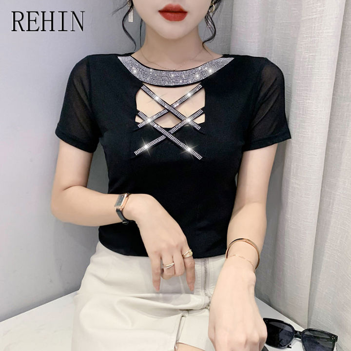 rehin-เสื้อยืดแขนสั้นสำหรับผู้หญิง-เสื้อยืดแขนสั้นสำหรับตาข่ายที่สวยงามดีไซน์สลิมมิ่งคอกลมแฟชั่นฤดูร้อน