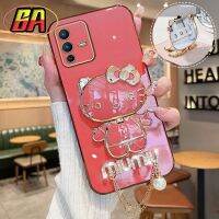 เคสด้านหลังป้องกันการกระแทกสำหรับ VIVO V23 5G V23E V15 V21 Pro V9 Y85 V20 SE V17 V20 Pro การ์ตูนน่ารักแฟชั่น3มิติรูป Hello Kitty แต่งหน้ากระจกกรณีพร้อมขาตั้งที่วางประดับมุกนิ่ม