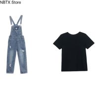 ร้อน, ร้อน★GCZ862 One-piece/suit small cropped suspender pants womens 2022 summer Korean style loose hole jeans two-piece set