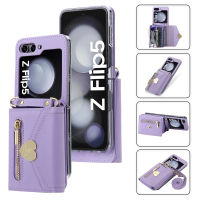 Galaxy Z Flip 5 Crossbody Wallet เคสศัพท์สำหรับ Samsung Flip5 5G Love Card Slot Holder Purse Lanyard Strap Leather