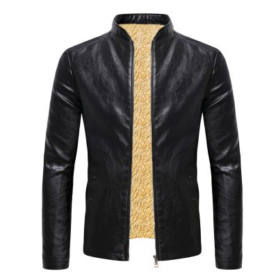 ZZOOI 2022 Winter Fleece Leather Jacket Men PU Faux Warm Suede Fashion Stand Collar Casual Solid Motorcycle Leather Jackets Coat Men