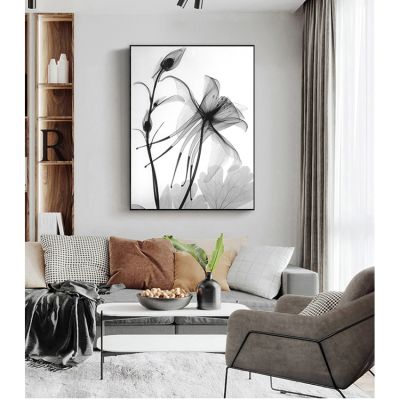 ศิลปะบนผนังภาพแอบสแตรกต์รูปดอกไม้การตกแต่งบ้านจิตรกรรมภาพตกแต่งสีดำสไตล์นอร์ดิก0717ผ้าใบ