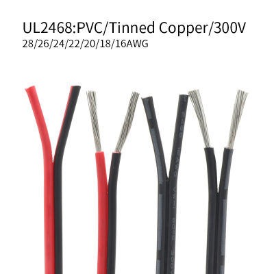 2M5M10M 28 26 24 22 20 18 16 AWG UL2468 2Pins Electric Copper Wire PVC Insulated Double Cores LED Lamp Cable White Black Red