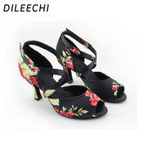 DILEECHI สีดำดอกไม้ซาตินรองเท้าเต้นรำละตินผู้ใหญ่ของผู้หญิงนุ่ม Outsole รองเท้าเต้นรำบอลรูมภาษาอังกฤษ Puggaard 7.5เซนติเมตร