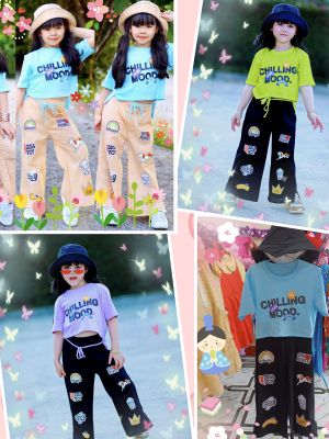 💗💗เสื้อเเขนสั้น สีพลาสเทล สดใส🪅🪅 🍨🍨 สกรีนลาย Chilling mood 💖💖  🎉🎉กางเกงสกีลลายน่ารัก ใส่สบายๆ ชิวๆ 🏵️🏵️