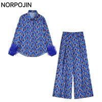 【DT】hot！ Feathers Cuff Shirt Womens Sets Print Piece Womens Outfits Elastic Waist Wide Leg Pants