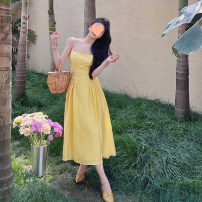 Chic small yellow backless bind condole sexy dress seaside holiday long skirt waist and ankle beach dress