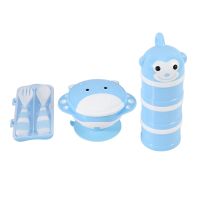 Baby Feeding Set, Harmless &amp; Cartoon, Baby Suction Bowl Set, Children Tableware Set, Suction Bowl, Spoons Forks Set, Milk Powder Dispensers for Babys 3 Meals (Blue)