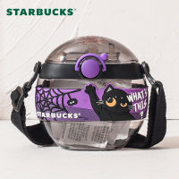 Starbuck 420Ml ฮาโลวีนรอบกาต้มน้ำเย็นแมวดำสีม่วงสายรัดถ้วยฟางลายการ์ตูน