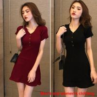 ☄✖ Ready stock Womens Short Sleeve V-Neck Dress Buttons Slim A-Line Knitted