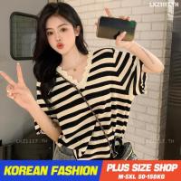 ✣ Plus size เสื้อผ้าสาวอวบ❤ เสื้อยืดสาวอวบอ้วน ไซส์ใหญ่ ผู้หญิง เสื้อไหมพรม ลายทาง ทรงหลวม แขนสั้น คอวี เนื้อผ้าเบาบาง ฤดูร้อน สไตล์เกาหลีแฟชั่น