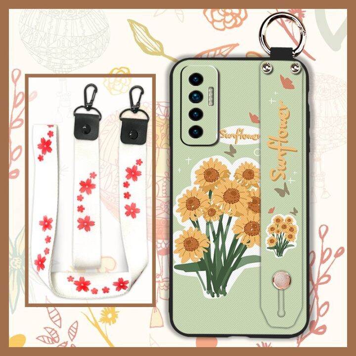 soft-dirt-resistant-phone-case-for-tecno-camon17p-cartoon-wrist-strap-wristband-kickstand-back-cover-ring-sunflower