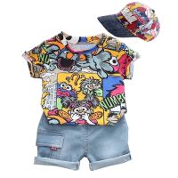 Cool Kid Boys Summer Clothes Outfit With Sunhat Fashion Graffiti Short-sleeved T-shirt Denim Shorts Set Children Pants Clothing