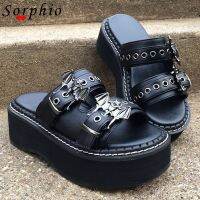 Sorphio Summer 2020 Double Strap Buckles Platform Wedges Fashion Goth Slippers Hot Womens Matal Sandal For Comfy Black Shoes