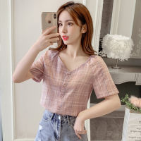 Plaid Shirt Women Short Sleeve V Neck Blouse Korean Style Summer Fashion Casual Cotton Tops