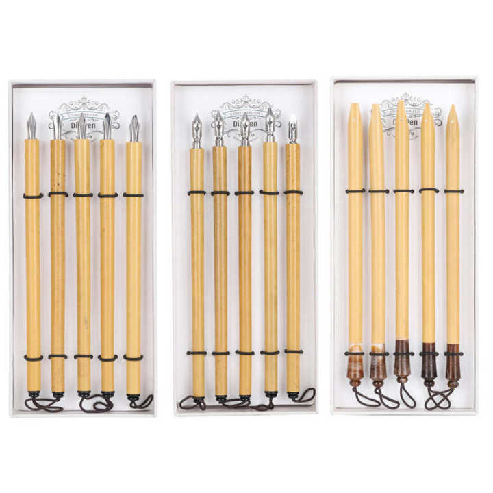 5ชิ้นปากกาจุ่มทำด้วยมือการประดิษฐ์ตัวอักษรตัวการ์ตูนไม้ไผ่ชุดระบายสีวินเทจอุปกรณ์ของขวัญโรงเรียน