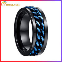 BONLAVIE Mens 8mm Tungsten Carbide Ring Black Tungsten Steel Ring with Blue Rotatable Chain Inlaid Comfort Fit Size 6-12