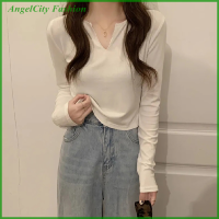 AngelCity เสื้อยืดคอวีสีทึบแฟชั่นผู้หญิงร้านค้า,เสื้อยืดแขนยาวคอวีเสื้อครอปทรงพอดีตัวฤดูใบไม้ร่วง