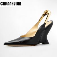 classic summer sandals shoes woman sandals wedge high heel mules slip-on faux leather pointed toe nude party dress shoes pumps