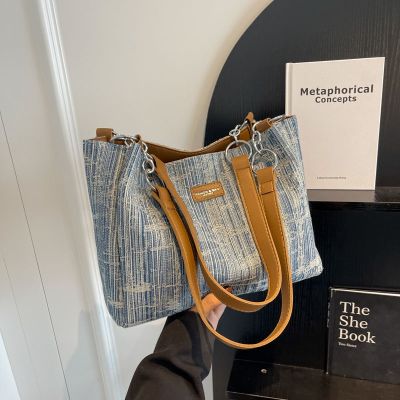 MLBˉ Official NY Fashion striped portable large-capacity bag womens new denim tote bag summer high-end underarm bag