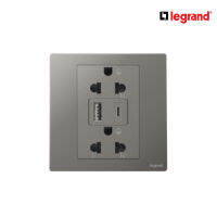 Legrand เต้ารับคู่มีกราวด์+USB Type A+C สีเทาดำ 1G EURO-US 16A 2x2P+EARTH SOCKET With USB Charger | Mallia Senses | Dark Silver | 281204DS | BTiSmart