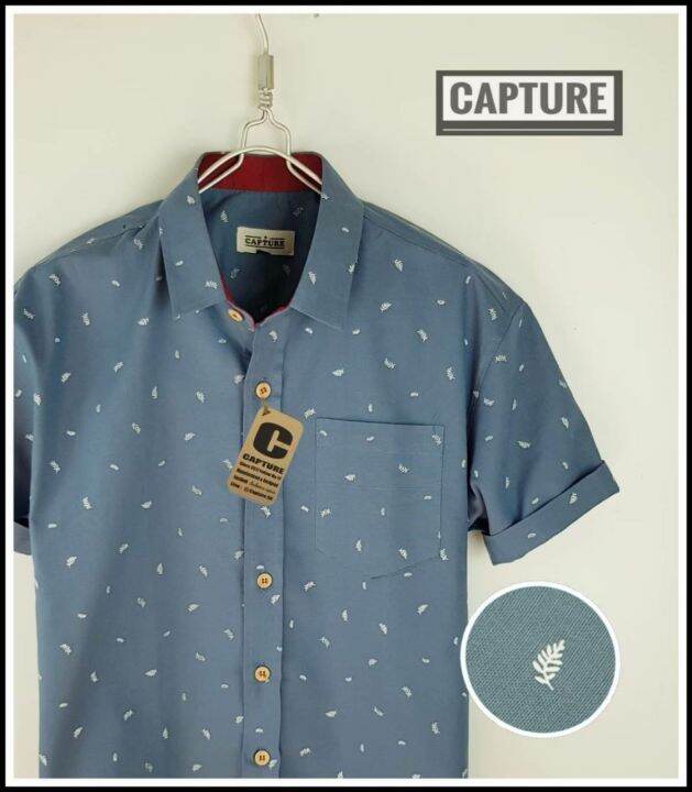 capture-shirt-เสื้อเชิ้ตผู้ชาย-คอปก-แขนสั้น-ผ้า-oxford-ลายใบไม้จิ๋ว-สีเทาอากาศ-มีถึงอก-48-นิ้ว