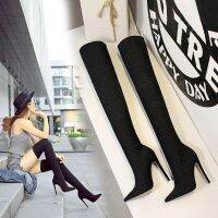 Autumn Winter Glitter Women Thigh high boots Elegant Thin heeled Elastic Slim Over the knee boots high heels Sock boots shoes