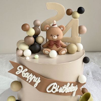Valentines Day Cake Decorated with Elegant Brown Bow Bear Doll Soft Rubber Ornament Wedding Cake Topper Insert Sign