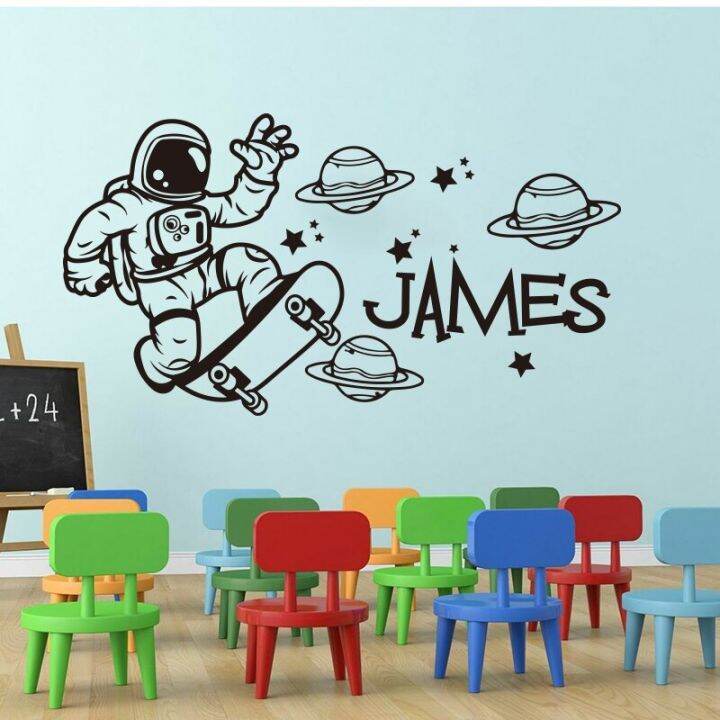 cartoon-custom-name-astronaut-skateboard-planets-star-wall-sticker-boy-room-kids-room-space-astronaut-skate-wall-decal-vinyl