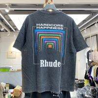 เสื้อยืดผู้ชายผู้หญิงย้อนยุคกล่อง RHUDE เส้นใยหนาเสื้อยืดเปอร์สเปกทีฟเสื้อยืดผู้หญิงเล็กน้อยโลโก้หลากสี Rhude ล้างสวยเสื้อยืด