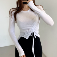 KUSAHIKI New Woman Tshirts Korean Fashion Draw String Pleated Crop Top Tees  Autumn Long Sleeve Slim Graphic T Shirts 6L641