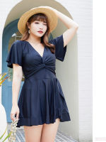 Hot Spring Plus Size Swimsuit Korean Style V-neck Ruffle Skirt Conservative Cover Belly Big Breast Meat Swimwear Women