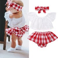 Cute Newborn Baby Girl Summer Clothes 3pcs Off Shoulder Tops+Plaid Short Dress+Headband Outfits 0-24M New  by Hs2023