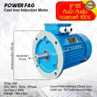 มอเตอร์ไฟฟ้าเหล็กหล่อ แบบหน้าแปลน 3 เฟส (สาย) 220/380V. 2 Pole (โพล) 3000 รอบ ขนาด 3 แรงม้า (3 HP) สามารถใช้งานภายนอกอาคารได้ กันน้ำกันฝุ่น IP55