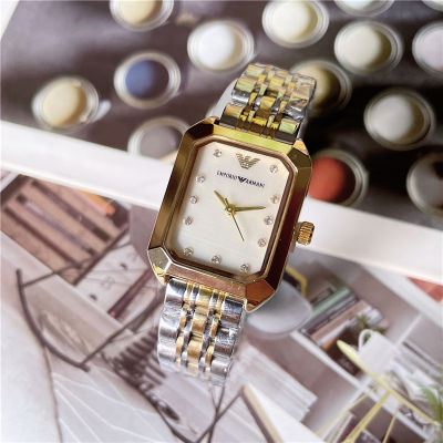 Armani นาฬิกาผู้หญิงทรงสี่เหลี่ยมหรูหรา,นาฬิกาข้อมือควอตซ์คลาสสิกสีทอง + สีเงินสายเหล็กแบบเรียบง่ายสำหรับผู้หญิง
