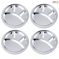 4pcs1Set Stainless Steel 4 Sections Round Divided Plate Dish Snack Dinner Tray Lunch