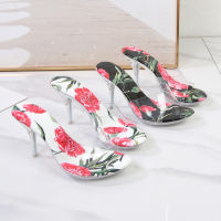 สไตล์ฝรั่งเศส Genie Wind หัวกลมเล็ก ๆ รองเท้าส้นสูงขนาดกลางผู้หญิงแสดงรองเท้าดอกไม้คริสตัลเซ็กซี่รองเท้าส้นสูง