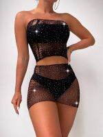 【CC】♨♀✘  Set for - 2pcs Rhinestones Mesh   Fishnet Semi-sheer Bodycon Skirt