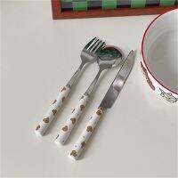 INS Cute Bear Stainless Steel Dinnerware Ceramics Handle Knife Fork Spoon Travel Students Cutlery Set Kitchen Accessories Flatware Sets