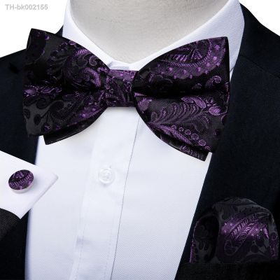 ☞❀⊙ Luxury Paisley Purple Black Pre-Tied Bow Tie for Men Adjustable Bowtie Business Wedding Jacquard Handerchief Cufflinks Set Gifts
