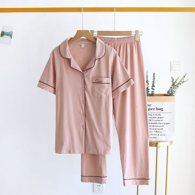Spring And Summer Couple Pajamas Two-piece Short-sleeved Nine-point Pants Pure Cotton Female Simple Home Service Set Male