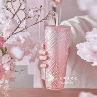 Starbuck ความเรียบง่ายที่สวยงาม Cherry Blossom 710Ml สีชมพูมันวาวย่อหน้าตาหมากรุกแก้วแบบมีหลอดสไตล์อเมริกันสดใสขนาดเล็ก