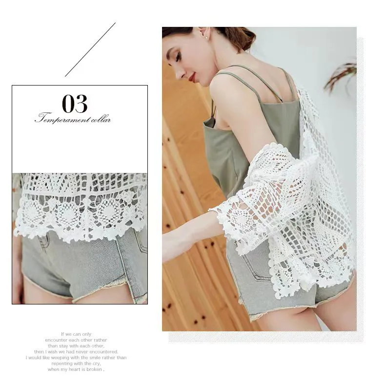 Women Cardigan 2023 Summer Vintage Hollow Out Lace Tops Female R Short  Style Shrug 4XL Knitted Sweater Jumpers White Black